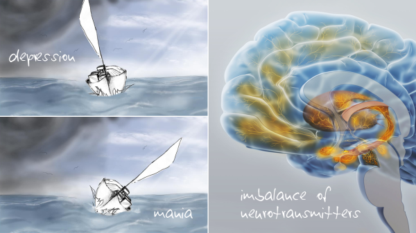 If the cargo of a sailboat is not properly made fast in high winds, it will start to shift, causing the boat to list more and more. This process can be compared to the imbalance of neurotransmitters in the brain of a patient suffering from bipolar disorder.